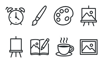 Art tools set. creative design silhouette icons. brush, palette, easel, canvas, coffee vector icons.