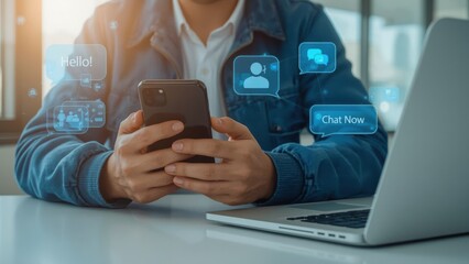 Connected communication: Person uses phone while at a laptop, surrounded by messaging interface icons.