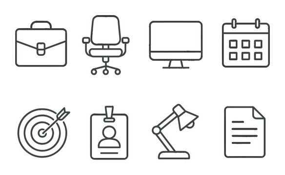 Office essentials set. linear desk, chair, computer, calendar, target, id vector icons.
