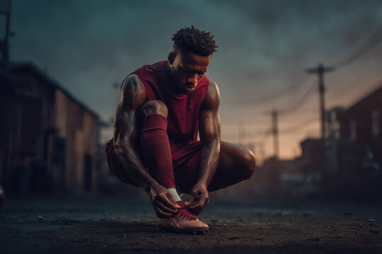 Male soccer player tying cleats on dusty field before game