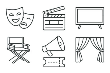 Theater arts set. entertainment linear icons: mask, clapperboard, screen, chair, megaphone, curtain vector icons.