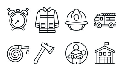 Firefighter equipment set. emergency tools linear icons. helmet, axe, hose, uniform vector icons.