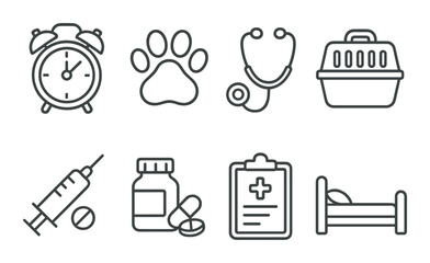 Pet care icon set. veterinary linear icons. paw, stethoscope, syringe, bed vector icons.
