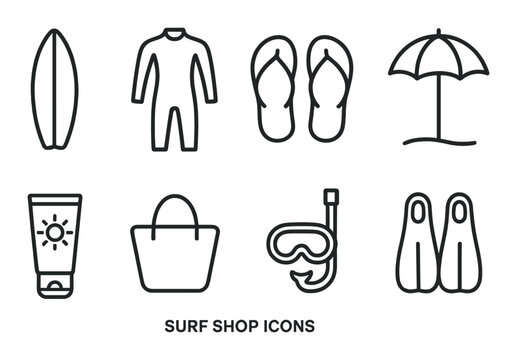 Surf shop icon set. beach essentials linear icons. board, wetsuit, flip-flops vector icons. - Powered by Adobe