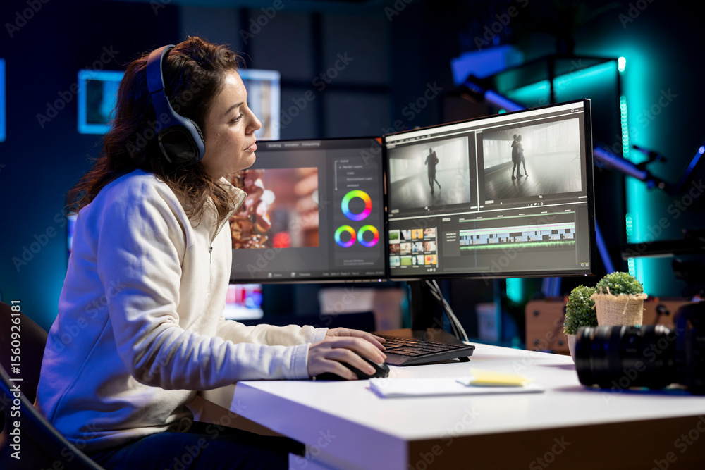 Poster videographer uses software to create visual effects for video projects while relaxing with some musi