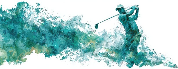 Watercolor splash art depicting a man playing golf against a white background, featuring a turquoise and green color scheme in a detailed, professional illustration style.