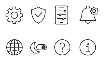 Web ui icon set. modern flat settings, notification, globe, toggle, info, shield, gear vector icons.