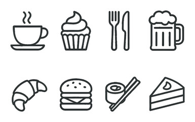 Food icon set. culinary silhouette coffee, cupcake, utensils, beer, croissant vector icons.