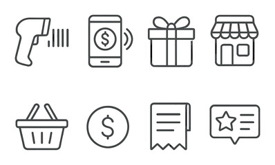 Payment and shopping icon set. e-commerce linear card, gift, receipt, store vector icons.