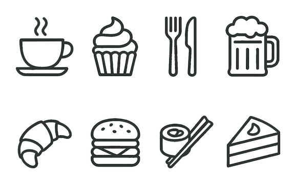 Food icon set. culinary silhouette coffee, cupcake, utensils, beer, croissant vector icons.
