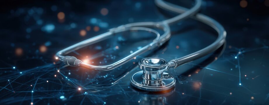 Stethoscope on a digital background symbolizing healthcare, featuring network connections and data elements, representing modern medical technology and innovation.