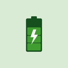 Illustration of a green battery icon with a white lightning bolt inside on a light green background