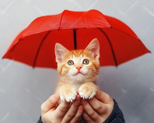 Ginger tabby little kitten under red umbrella. Animal Insurance Concept. Housing for homeless animals. Shelter, adopt a pet. Beautiful funny kitten in female hands


