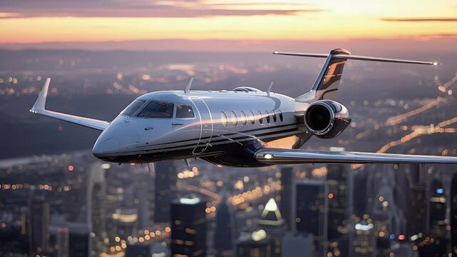 Private jet flying above cityscape at sunset aerial view