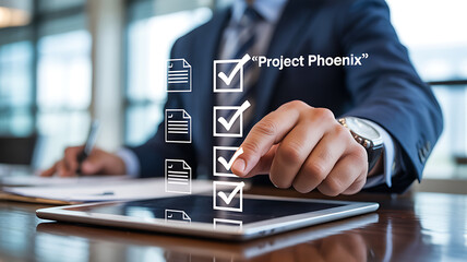 Businessman completing project phoenix checklist on tablet with document in background