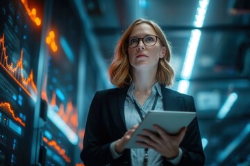 A businesswoman in professional attire examines an iPad in a high-tech data center, surrounded by neon lights and holographic graphs, embodying a futuristic atmosphere.