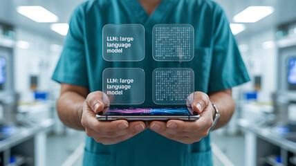 Person holding a phone with llm language model and binary code overlays on screen