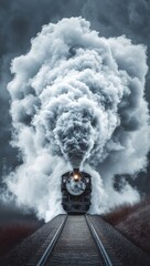 Vintage steam train, dramatic clouds, open countryside, moving forward. Stock photo