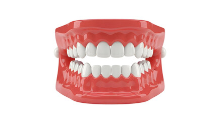 Obraz premium Dental jaw model showing white teeth and red gums. Education and study of oral hygiene. Healthy dentition concept on transparent background.