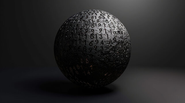 Digital sphere covered with binary numbers, showcasing unique texture and design. dark surface reflects light subtly, creating intriguing visual - Powered by Adobe