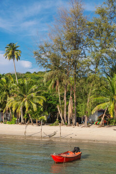 Beautiful landscape with kayak and palm trees and low tide sea at Bang Bao Bay, Koh Kood island