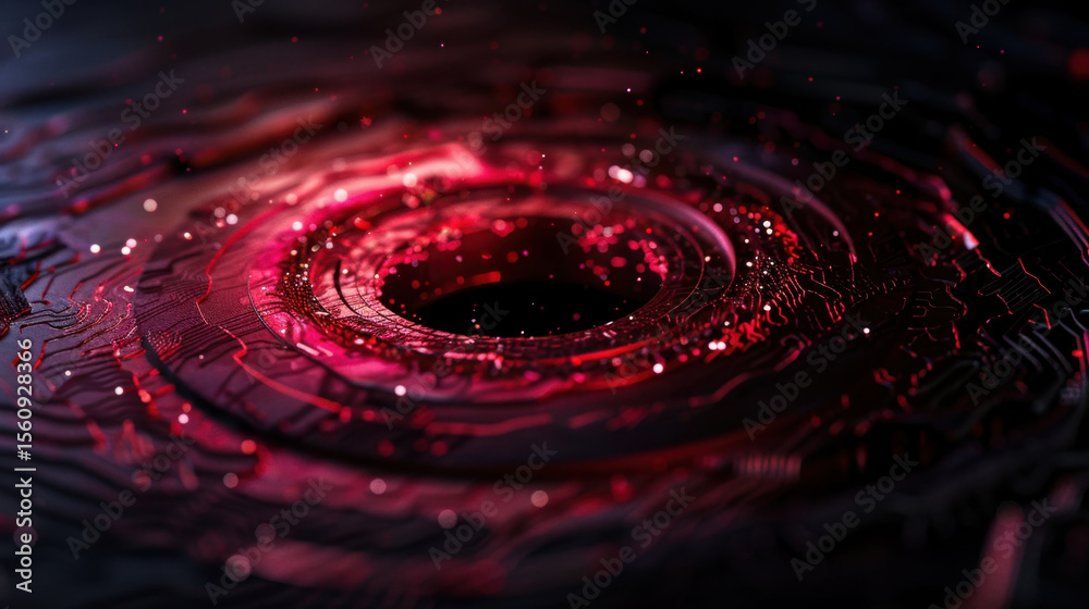 Poster mesmerizing abstract tech element with glowing red center, surrounded by intricate patterns and spar