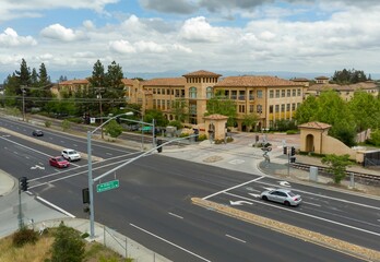Aerial view of Apartment Homes, a residential community with terracotta roofs, Los Gatos,...