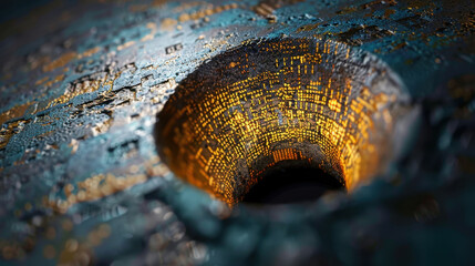 Mesmerizing abstract tunnel of binary code spiraling inward, showcasing intricate patterns and vibrant colors that evoke sense of depth