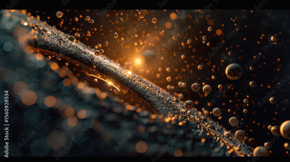Poster mesmerizing scene of floating particles and bubbles in cosmic environment, illuminated by warm glow,