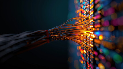 Close up view of colorful cables connecting to modern data hub, showcasing vibrant lights and intricate wiring. image evokes sense of technology