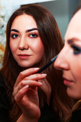 Makeup artist applying make up to a beautiful young pretty girl in a professional salon. Beauty,...