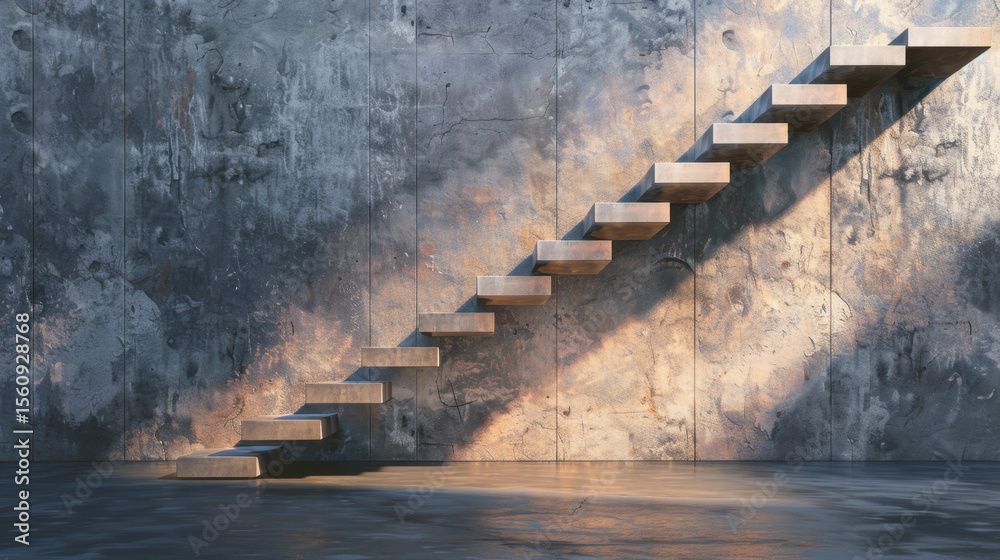 Poster clean floating stairs with long shadow in open void create striking visual effect. interplay of ligh