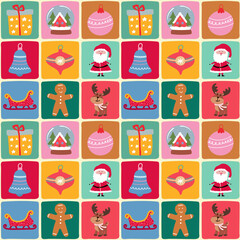 Christmas festive seamless pattern with traditional elements. Christmas collage with ornament for winter holiday.