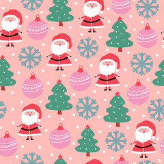 Cute Santa Claus, Christmas tree and ornament seamless pattern on pink background. Holiday season decorative design for gift wrapping.
