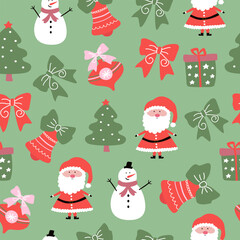 Christmas seamless pattern with Santa Claus, snowman, tree, bell, gift, and bow for December holiday decoration.