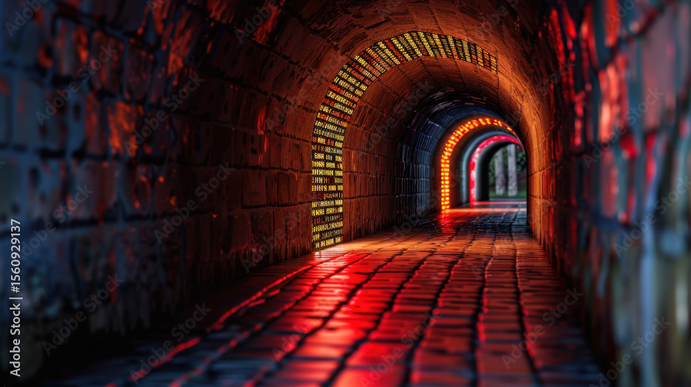 Poster vibrant cyber tunnel illuminated with colorful lights and numeric patterns, creating futuristic atmo