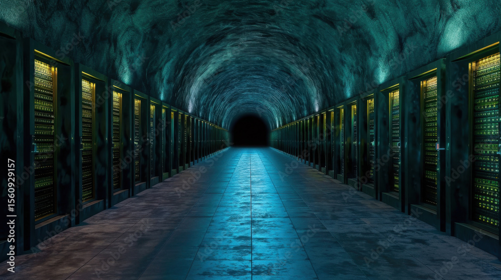 Poster futuristic cyber vault illuminated with glowing digital layers, showcasing rows of secure data stora