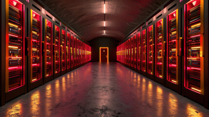 Futuristic data center with glowing servers and vibrant lighting creates atmosphere of advanced technology and security
