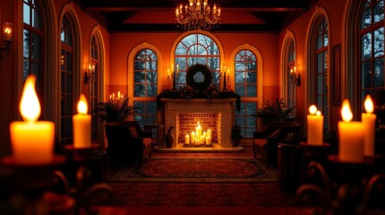 Obraz premium Cozy Living Room: A warmly lit living room, filled with the soft glow of candles and a crackling fireplace, creates a serene atmosphere of relaxation and comfort.