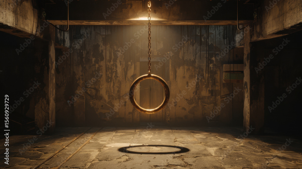 Poster captivating empty scene featuring floating ring suspended from chain, casting shadow on textured flo