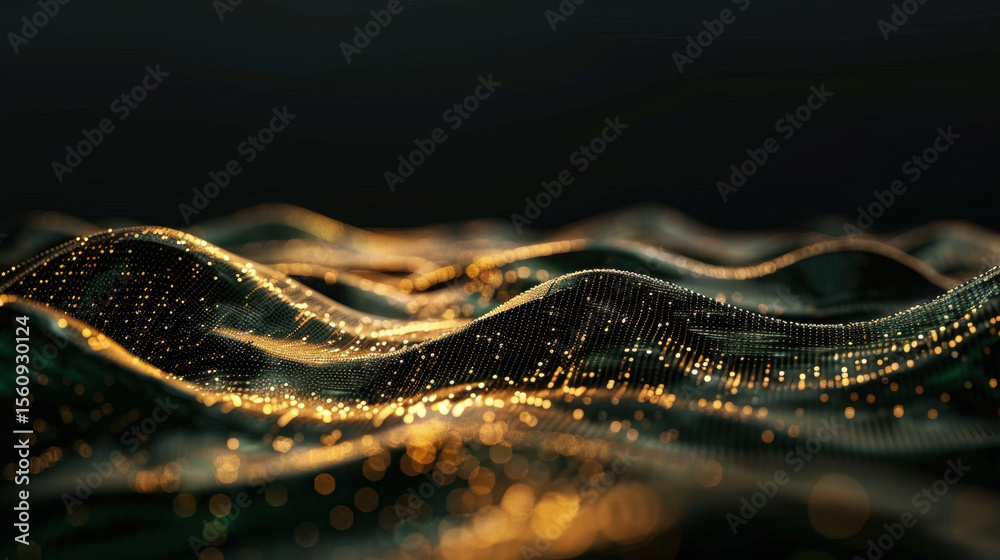 Poster mesmerizing digital landscape of flowing waves illuminated by golden particles, creating captivating