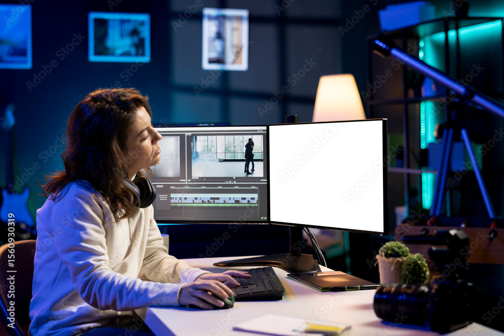 Poster videographer using professional software on mockup pc to create visual effects for video projects. e