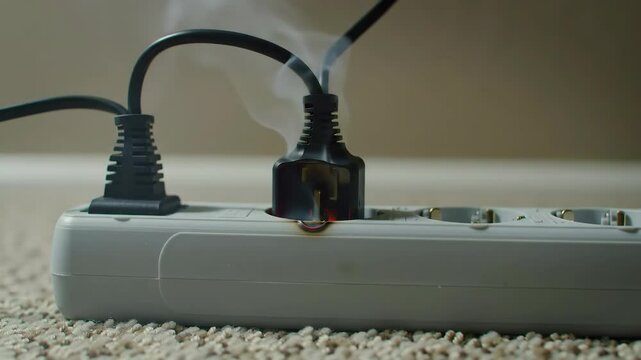 Electrical Outlet Overload: Smoke Emanating from Damaged Power Strip Plug