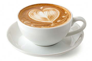 beautifully crafted latte with heart shaped foam art in white cup on white background.