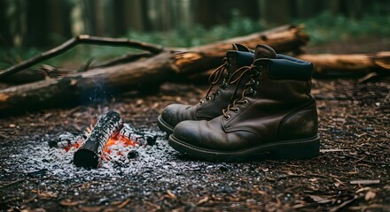 Hiking Boots Resting Near Campfire in Forest Setting