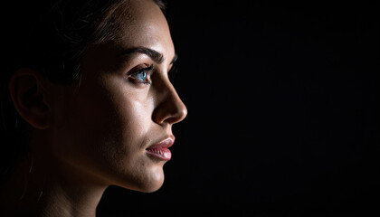 Fototapeta premium Woman face illuminated by soft light, showcasing her profile with striking features and contemplative expression against dark background. shadows enhance depth and emotion of moment