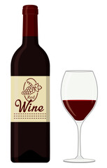 アルコール飲料_ワインボトルとグラスワイン（赤ワイン）