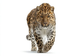 Naklejka premium Amur leopard strides confidently towards the viewer, showcasing its striking coat and powerful physique against a clean white backdrop. A captivating full-body portrait.