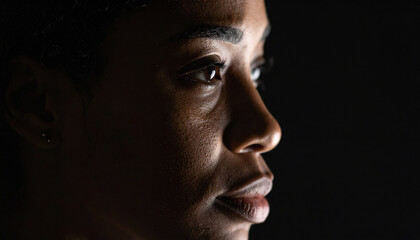 Woman face illuminated by soft light reveals deep shadows and contemplative expression, reflecting thoughts and emotions in darkness