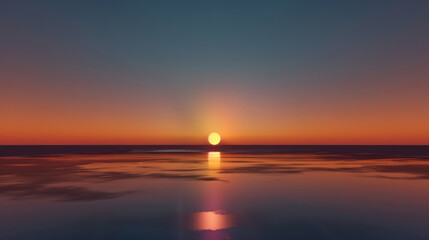 Obraz premium Serene sunset over calm ocean, showcasing vibrant gradient of colors sky. sun reflects beautifully water surface, creating peaceful atmosphere